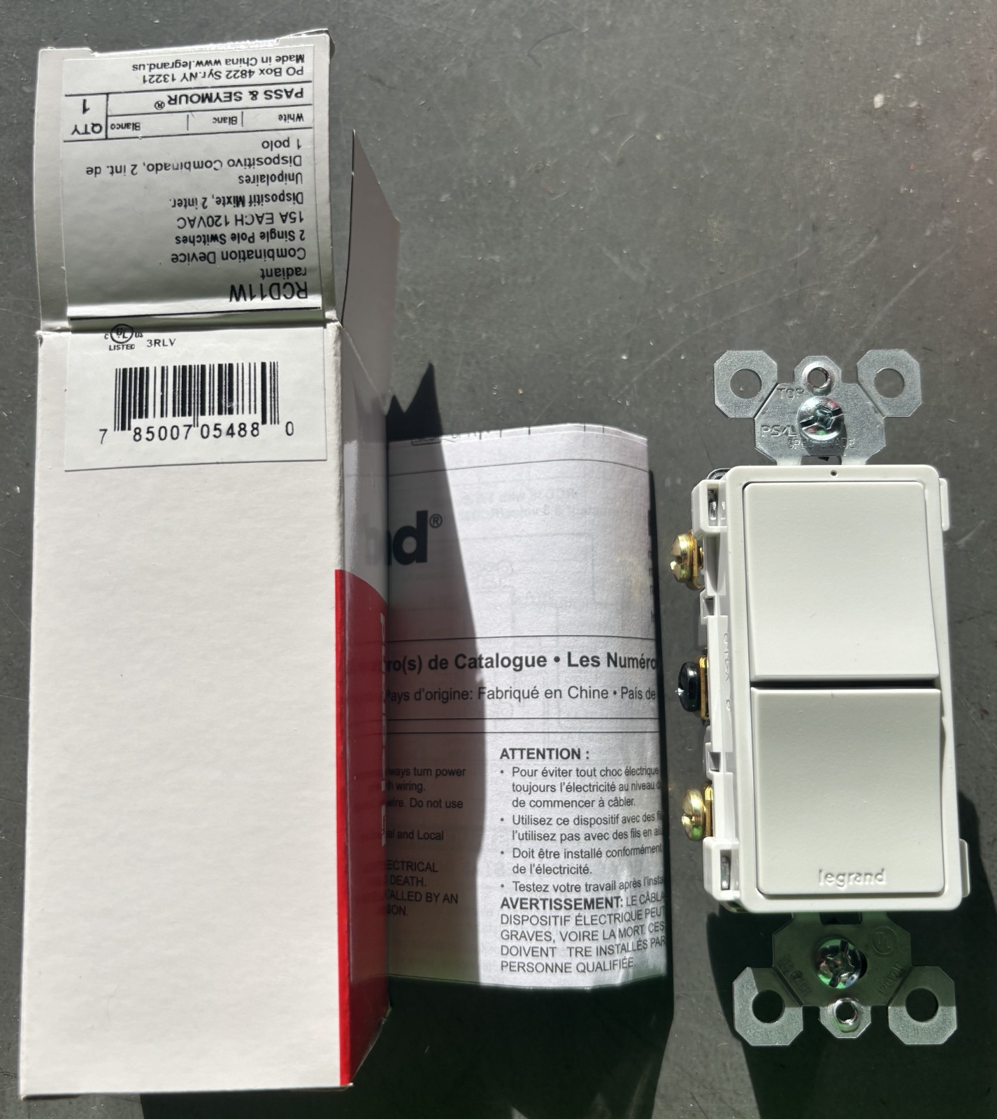 P&S RCD11W 15A 120V Radiant Combination (2) S/P Switches, White – New In Box