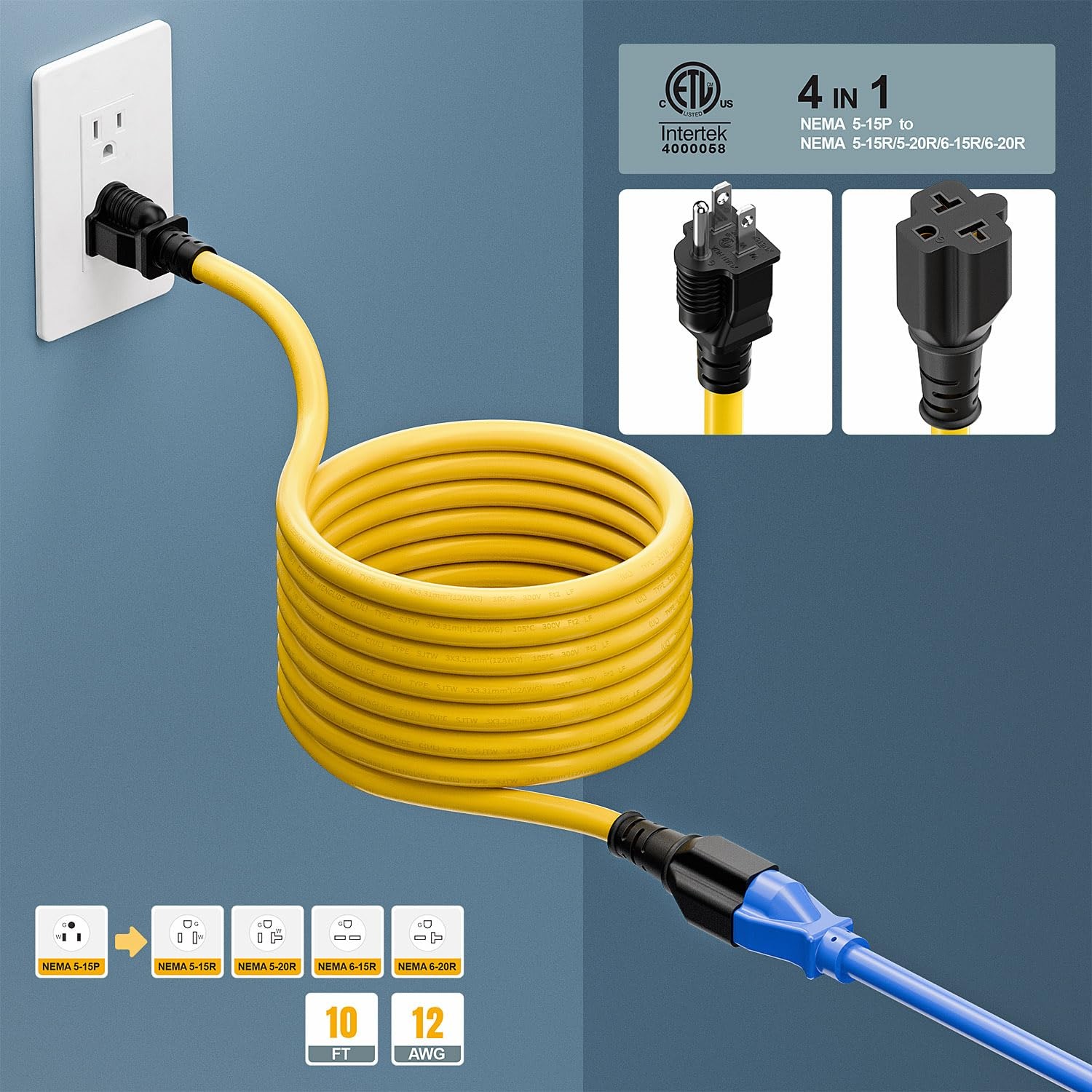 Plugrand NEMA 5-15P To 5-15R/ 5-20R/ 6-15R/ 6-20R AC Adapter, 10FT PC-0050-10FT