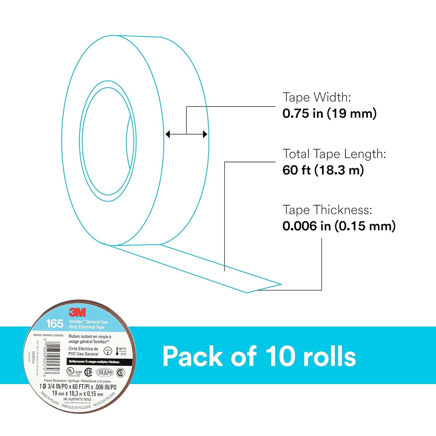 3M Temflex Multi-Purpose Vinyl Electrical Tape 165, Brown, 3/4 in x 60 ft (19 mm