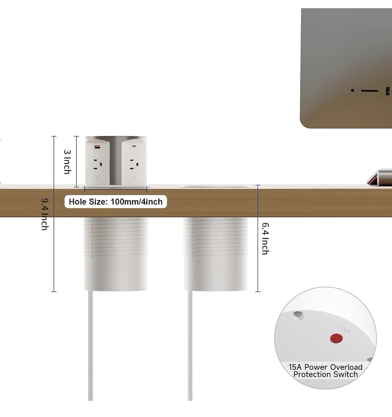 ANNQUAN 4″ Pop Up Countertop 4 USB + 4 Outlet 65W Wireless Charger 65W USB White