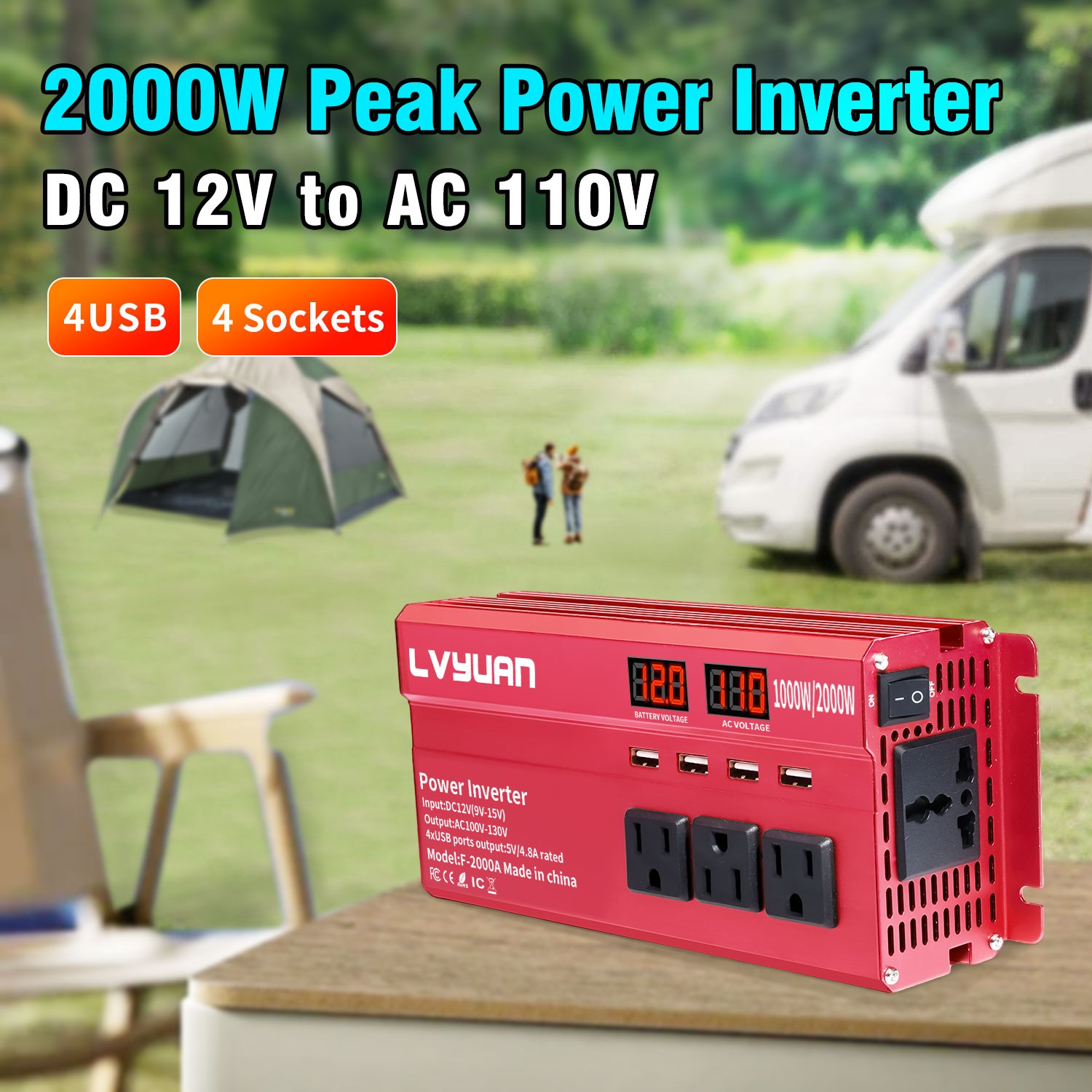 1000W 2000W Peak Car Power Inverter 12V DC to 110V AC Converter with LCD & 4 USB