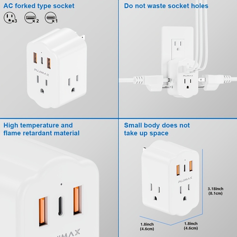 Multi Functional Wall Socket With 2 USB Ports, 1 Type-C Port, And 3 AC Plug Port