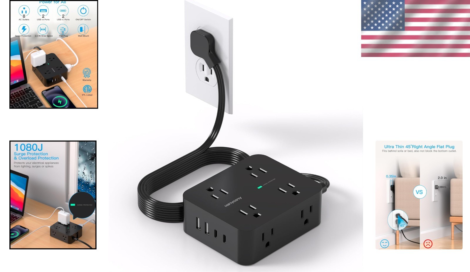 Compact 8-Outlet Power Strip & Dynamic USB Charger with 1080J Protection, Black