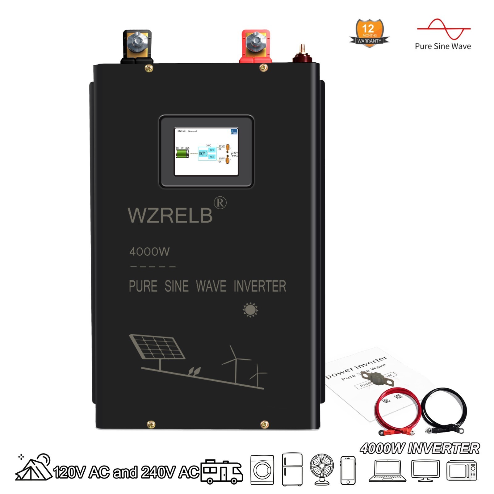 3000/4000W Split Phase Pure Sine Wave Inverter 24V/48VDC to AC120V 240V 5Outlets