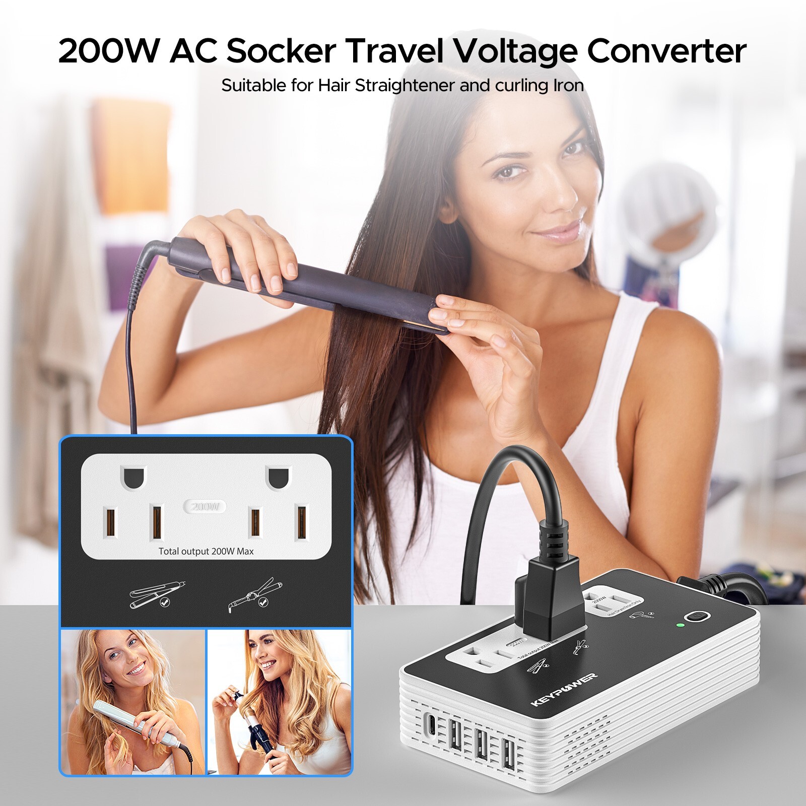 2000W Step Down Converter, 220V to 110V Voltage Converter with 3AC+4 USB(1USB C）