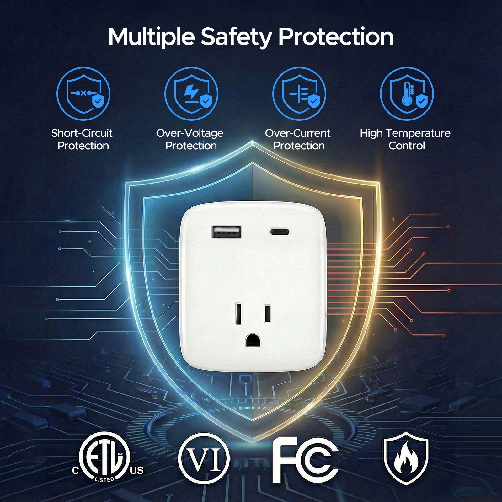 3-Outlet Grounded Wall Plug with USB Extension Adapter,Essential for Cruises