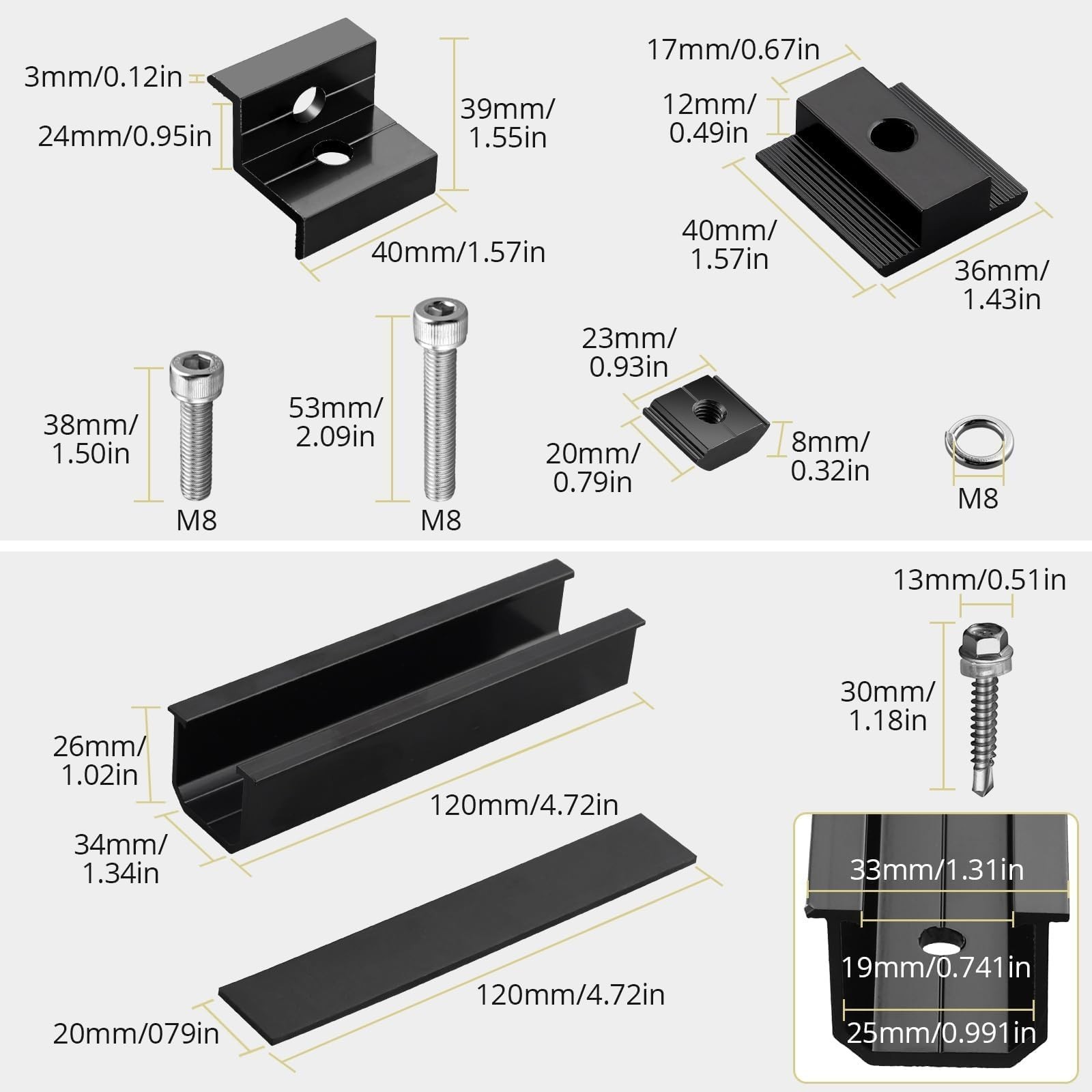 Anbte 6PCS Solar Panel Mounting Kit Roof, 4.72″ Solar Rail & Clamps GR309-GR319