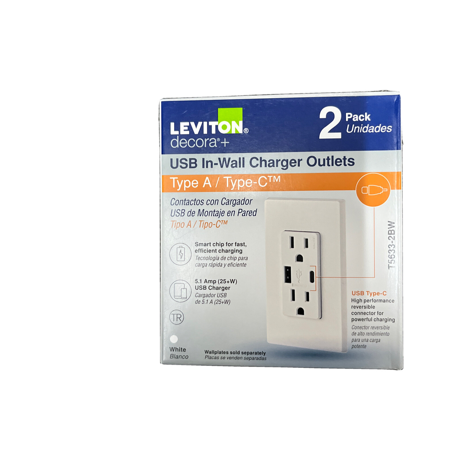 Leviton Decora Type C & A USB T5633-BW Charging WHITE TAMPER RESISTANT OUTLET
