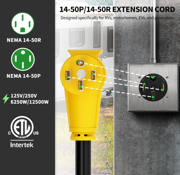 Cable RV/EV 50A 10 Pies Alta Resistencia Impermeable NEMA 14-50. Nuevo