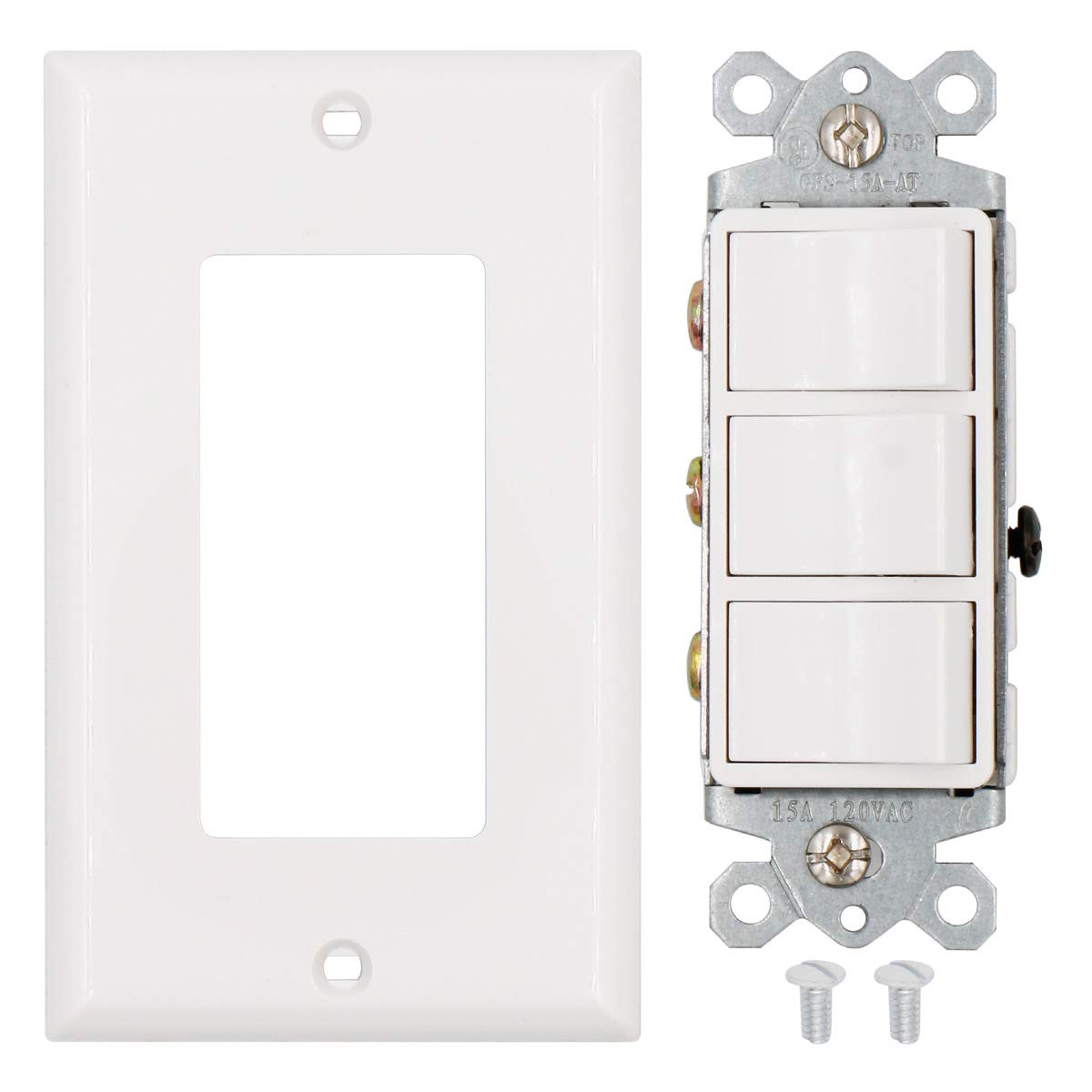 Triple Rocker Light Switch with Wall Plate, 15A 120V Single Pole, 3 Individua…