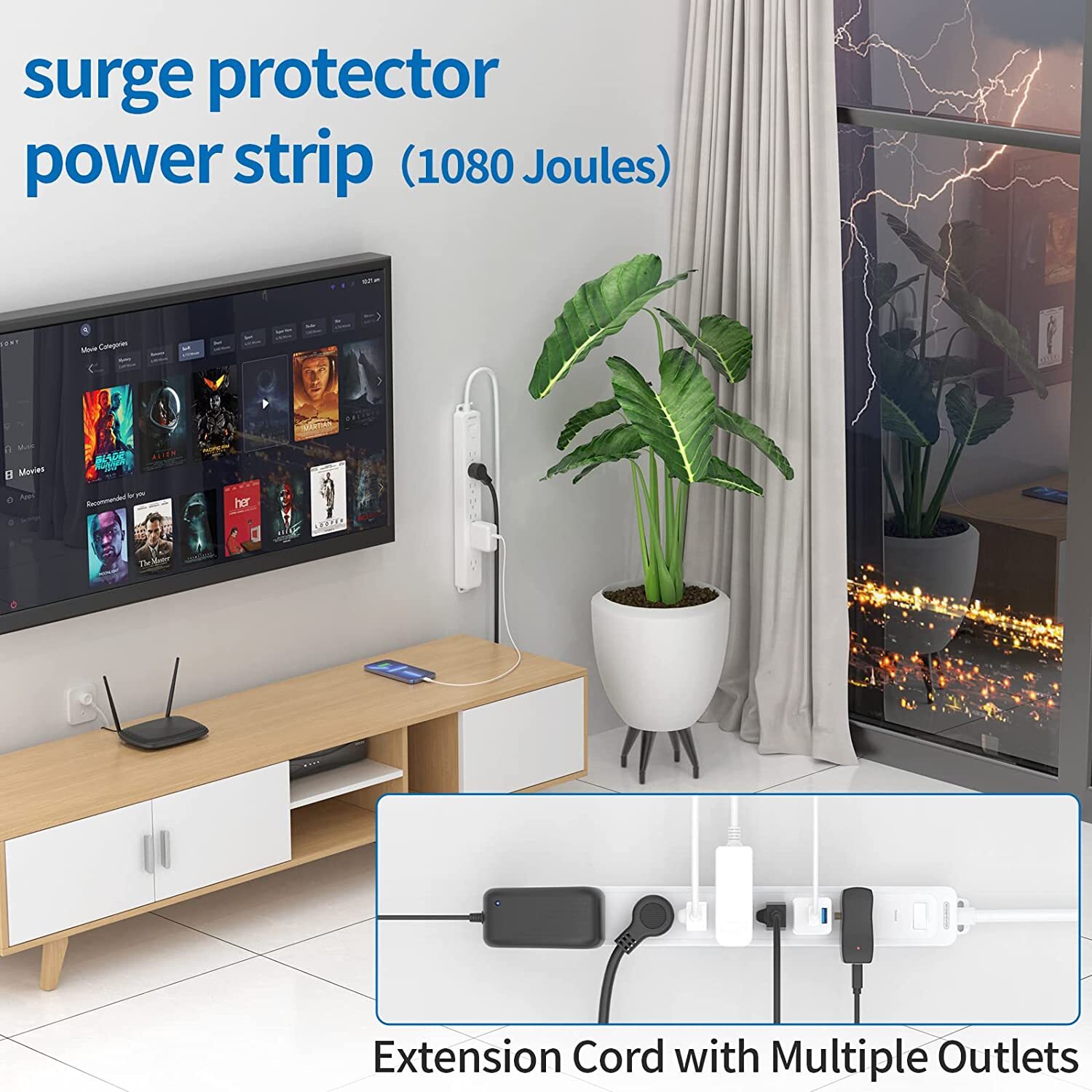 NTONPOWER Surge Protector Power Strip 7Outlet 25Ft Extension Long Cord 1080J