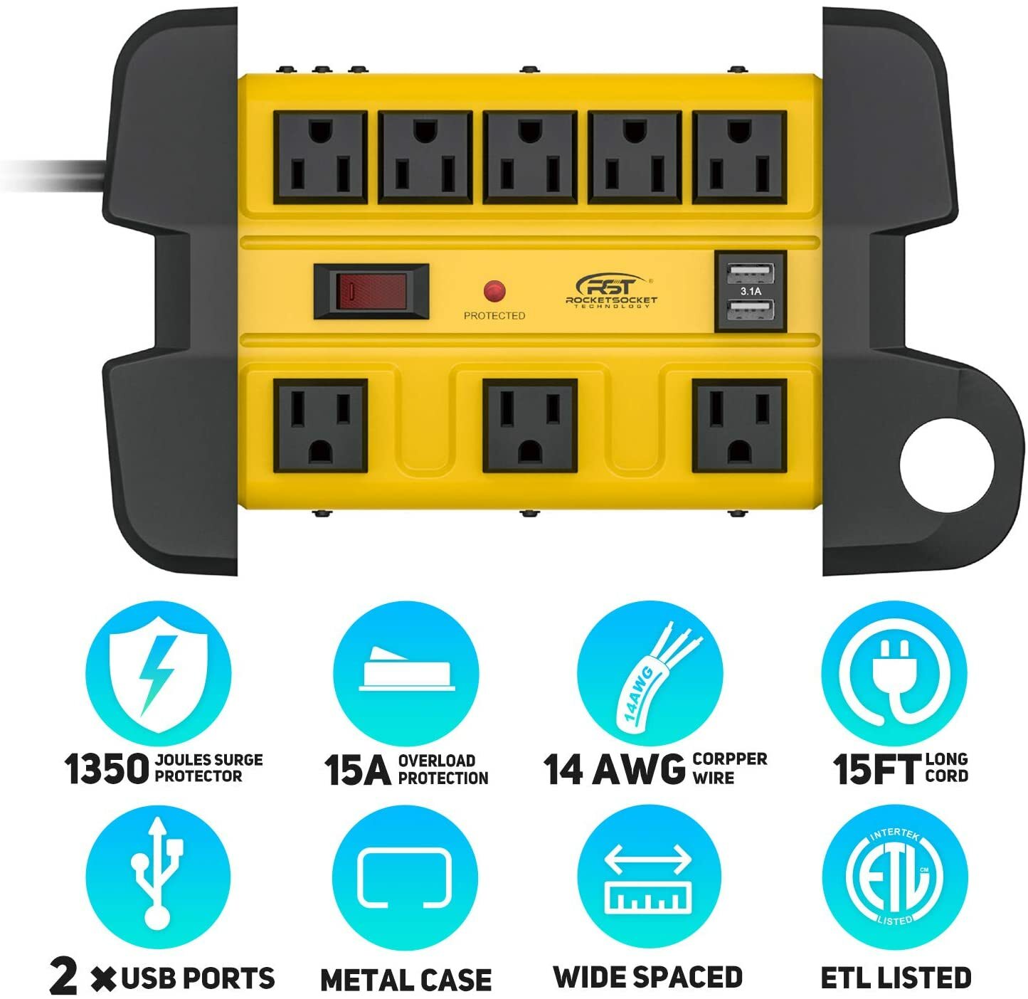 CRST 8 Outlets Heavy Duty Power Strip With 2 USB 1350J Surge Protector 15FT Cord