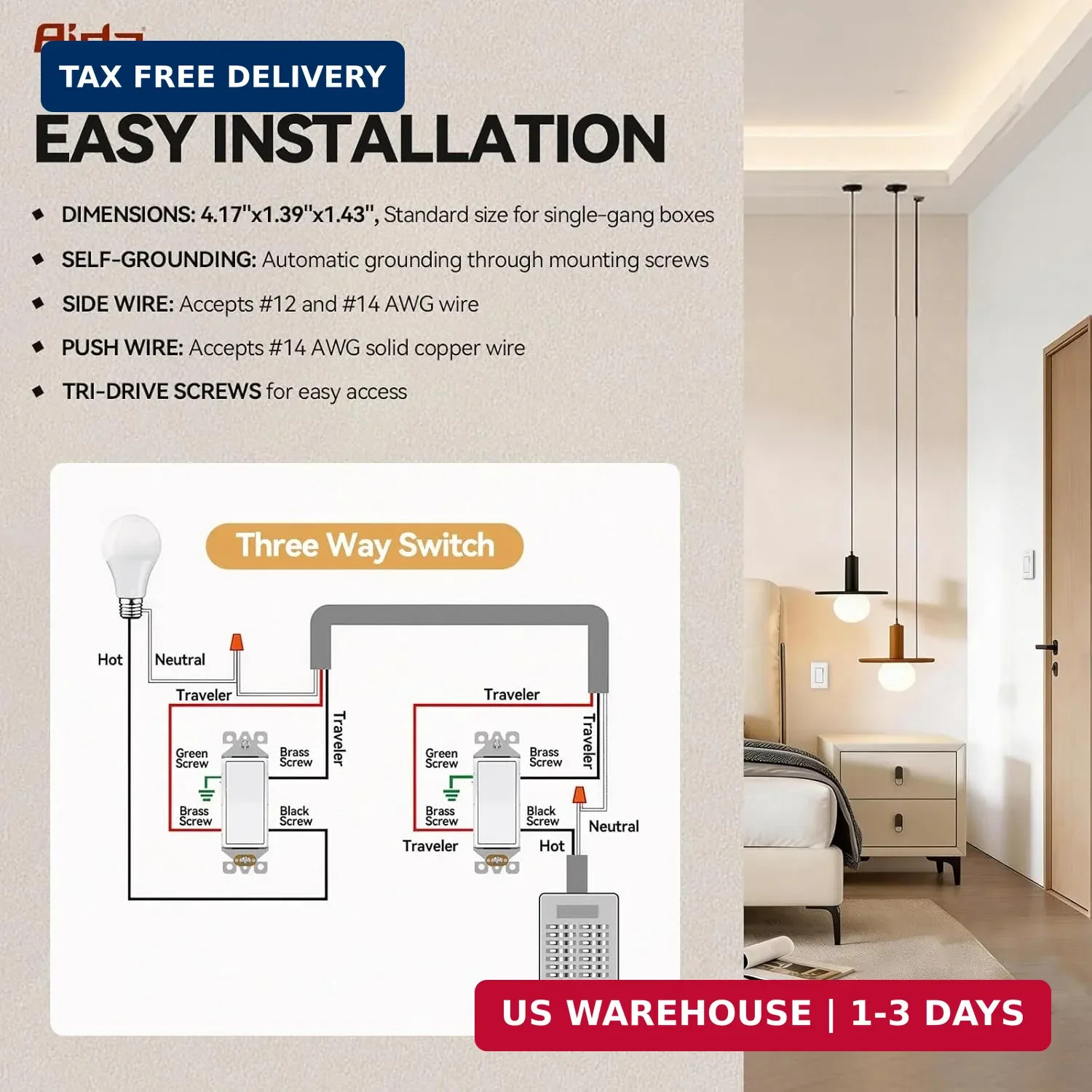 AIDA 20 Pack 3 Way Decorator Switch White, Electric Switches, Light Switch 15Amp