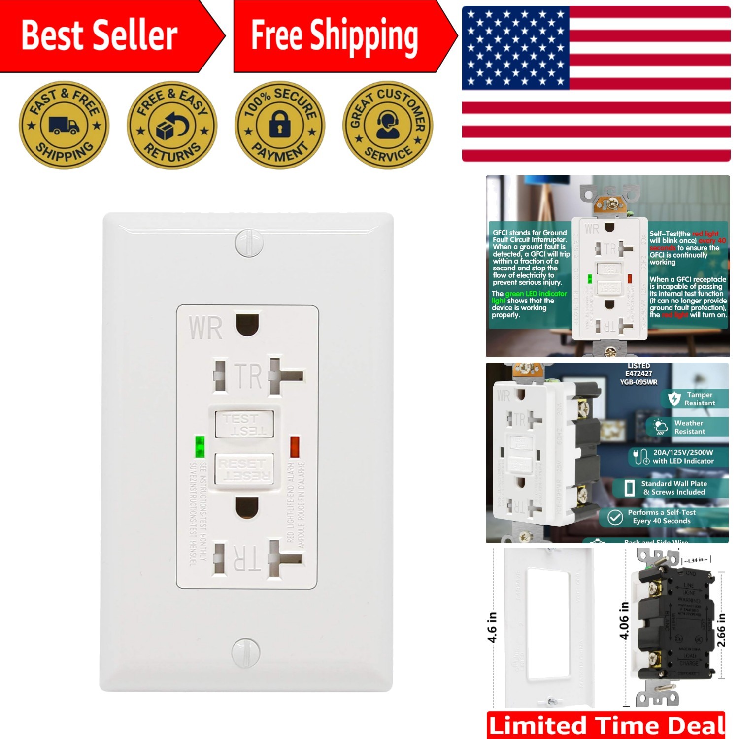 Weather-Resistant 20 Amp GFCI Outlet with Decor Wall Plates – Child Safe Design