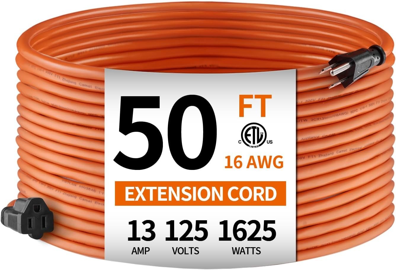 50ft 16AWG Outdoor Extension Cord, Indoor/Outdoor 50-Foot SJTW 16/3 Gauge Extens