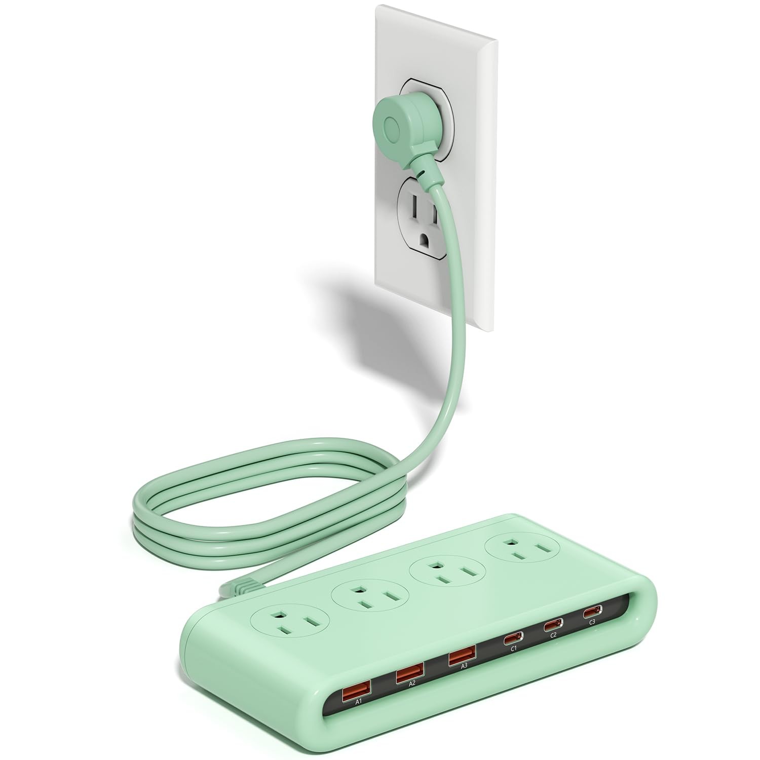 Power Strip with USB C 35W,10-in-1 Flat Plug Wall Charger – 5FT Extension Cor…