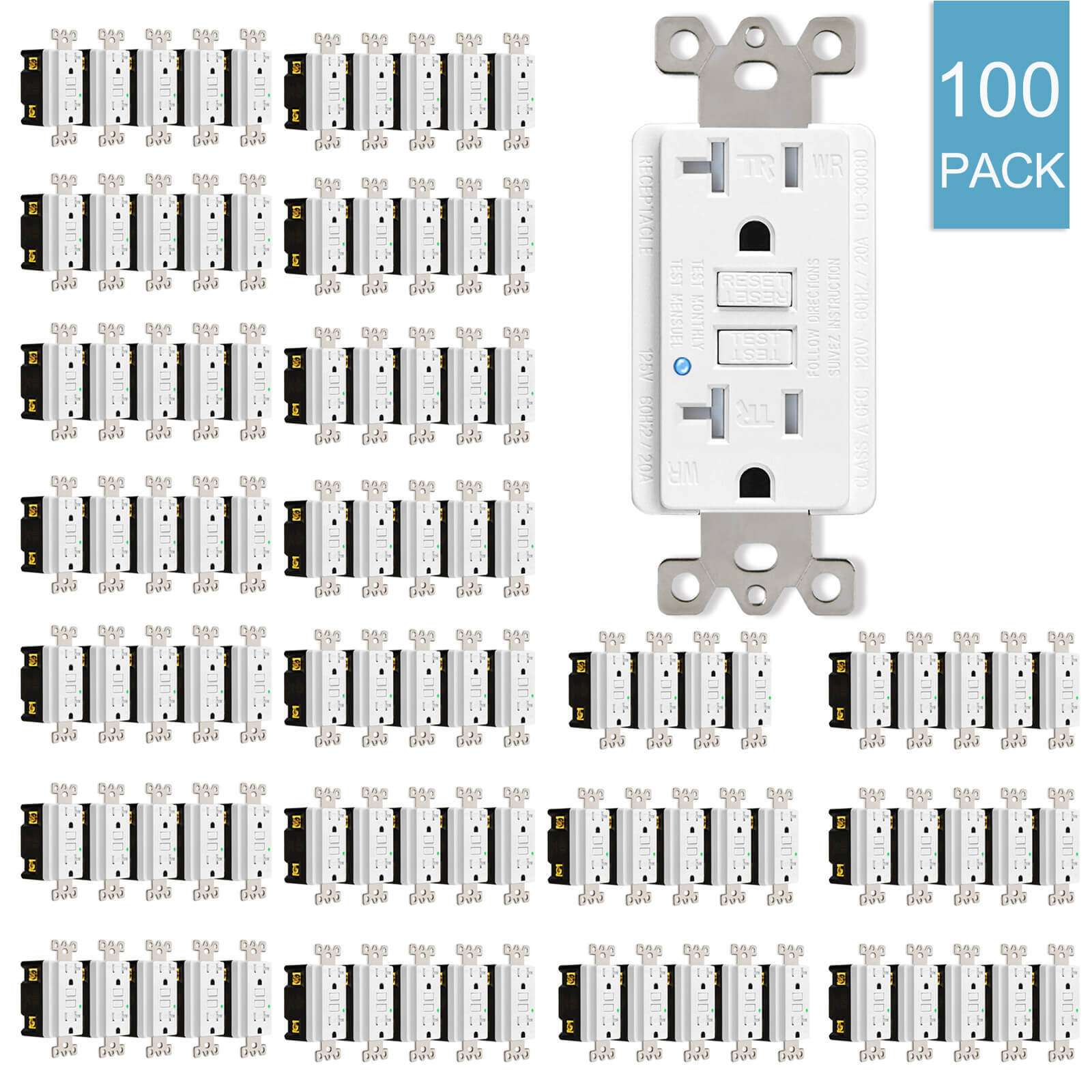 100PCS 20AMP GFCI Outlet Receptacle Tamper Resistant – ETL GFI TR WR White Plate