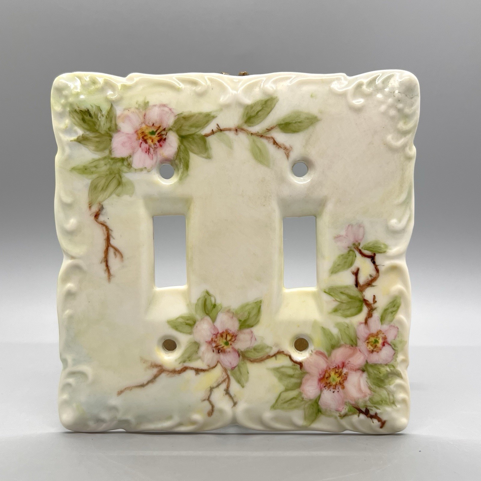 Vtg Porcelain 2-Gang Light Switch Plate Green Hand Painted Pink Dogwood Florals