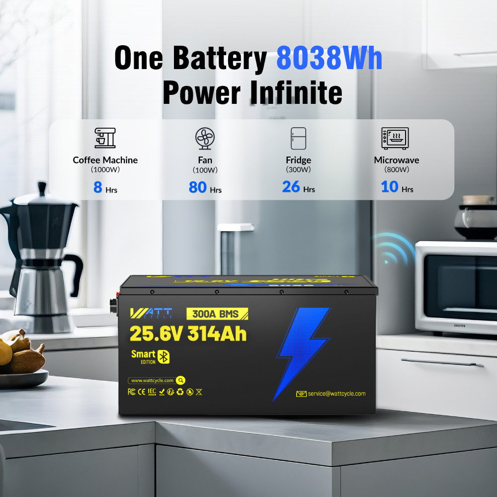 Wattcycle 24V 314Ah 300A BMS LiFePO4 Lithium Battery with Bluetooth App for RV
