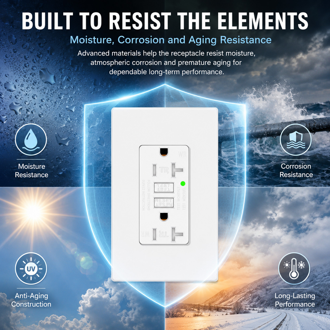 20 Amp Self-Test GFCI Outlet TR WR Duplex Receptacle with LED, White Wall Plate