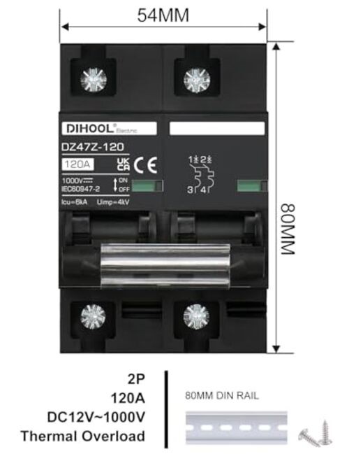 DC Circuit Breaker Solar Disconnect Switch 2P 1000V for PV, 2P DC1000V 120 Amp