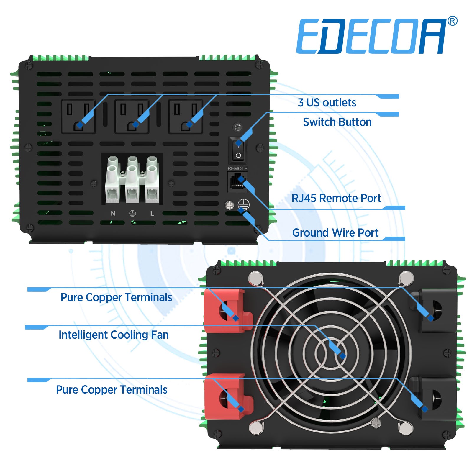 EDECOA 3000W Pure Sine Wave Power Inverter 12V 110V 120V Home Garden RV Solar