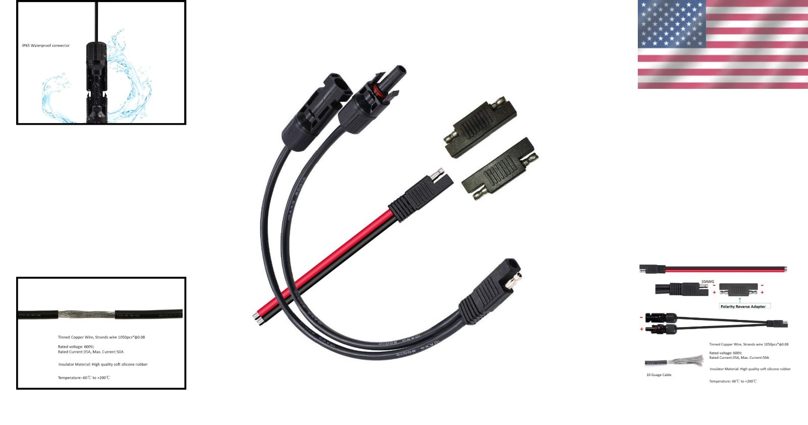 High-Quality 10AWG Solar Connector Cable with SAE to MC-4 Compatibility – 13.8ft