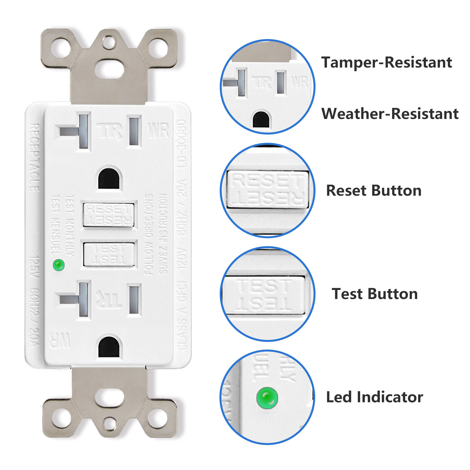 20Amp GFCI Outlet White 125V Weather Tamper Resistant 20A Receptacle w/LED NEW