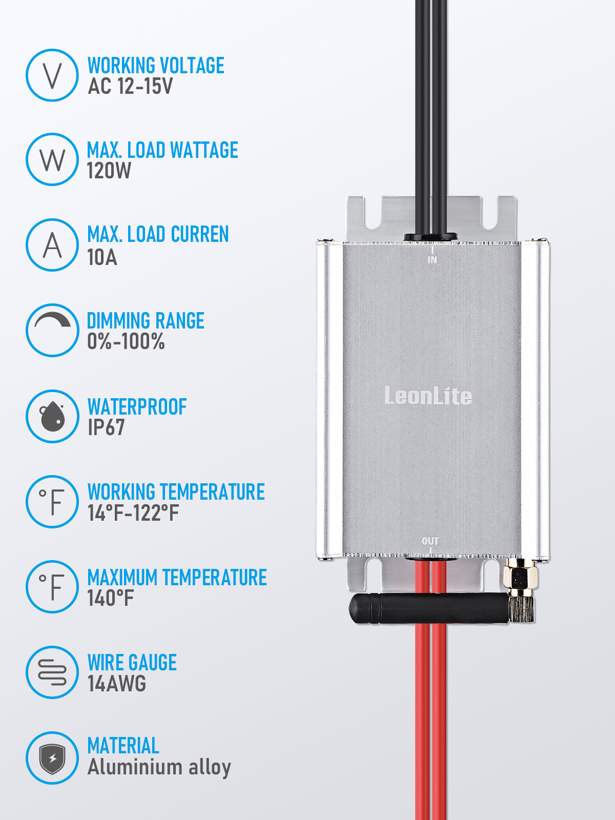 Landscape Light Dimmer, 12V-15V AC Low Voltage, 0%-100% Dimming, IP67 Waterproof