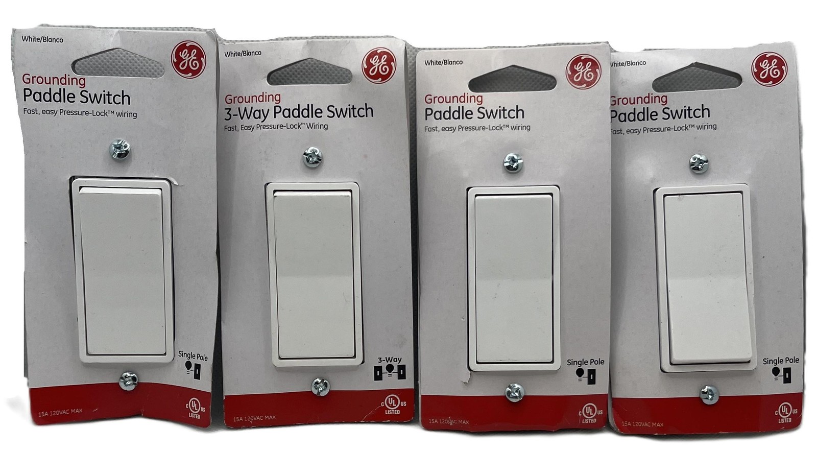 4 Pk GE Paddle Rocker Switch Single Pole On/Off Light Ceiling Fan Switch White