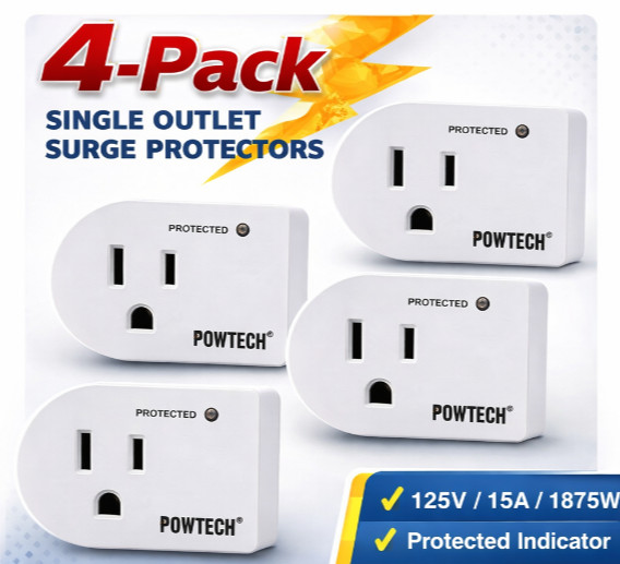4-Pack Powtech Surge Protector Outlet Wall Plug Single Outlet Voltage Protection