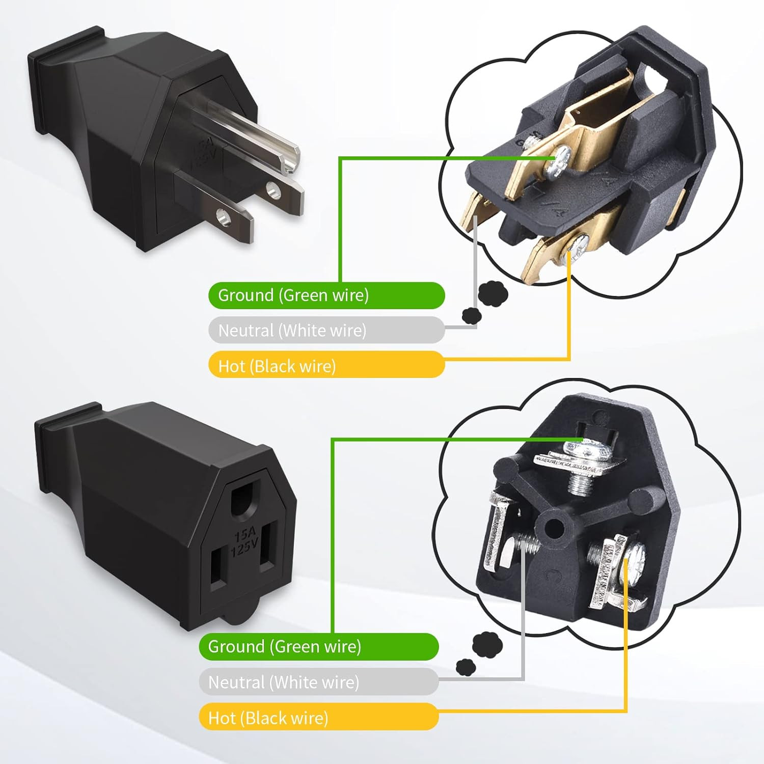 5 Set Extension Cord Ends Electrical Replacement Plug and Connector NEMA 5-15R 1