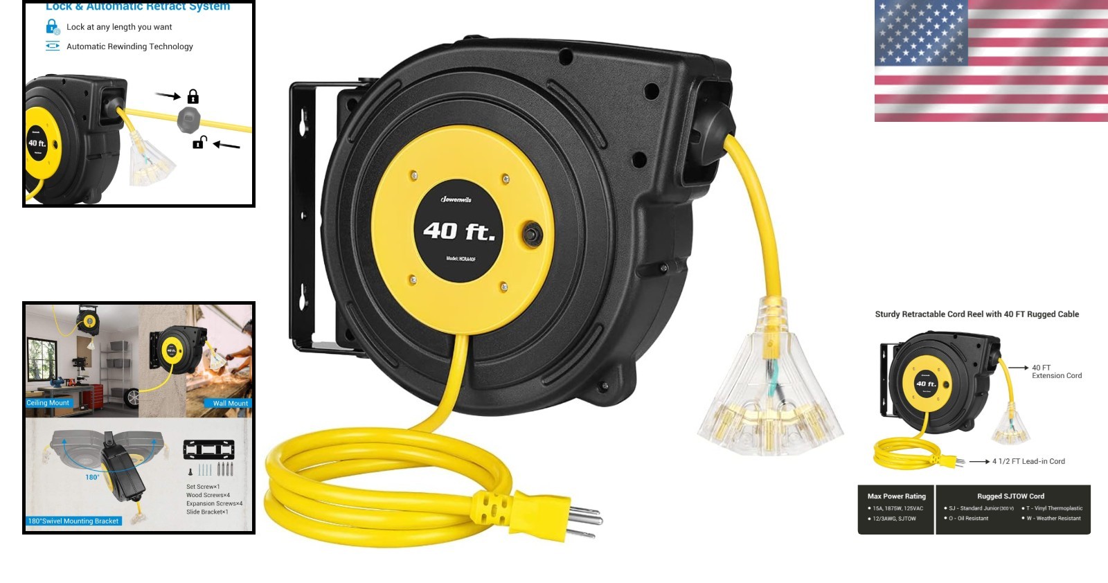 Listed Yellow 40FT Automatic Retractable Power Cord Reel with Circuit Breaker