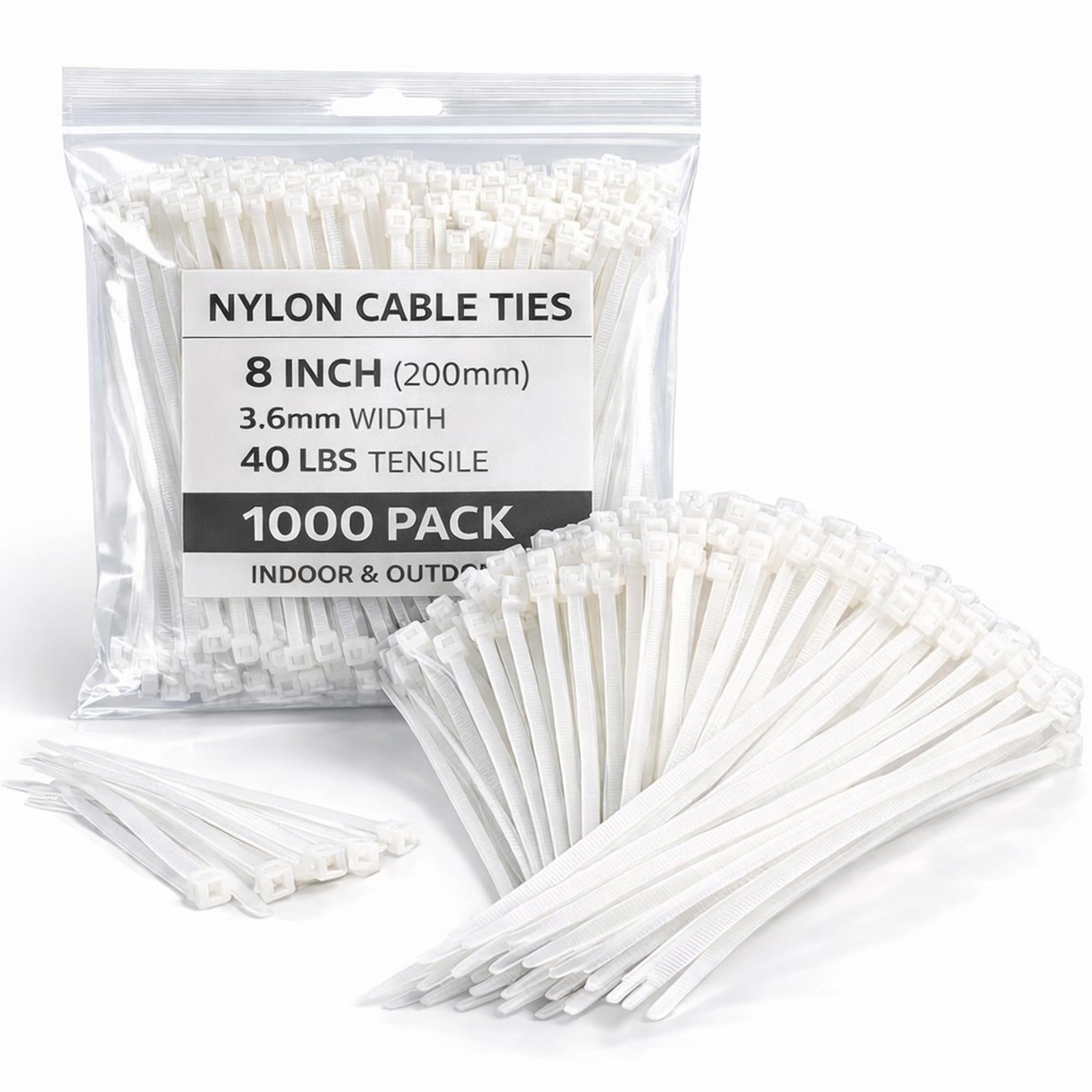Zcpotizi White Zip Ties 8 Inch 1000 Pack, 40 lbs Nylon Cable long,