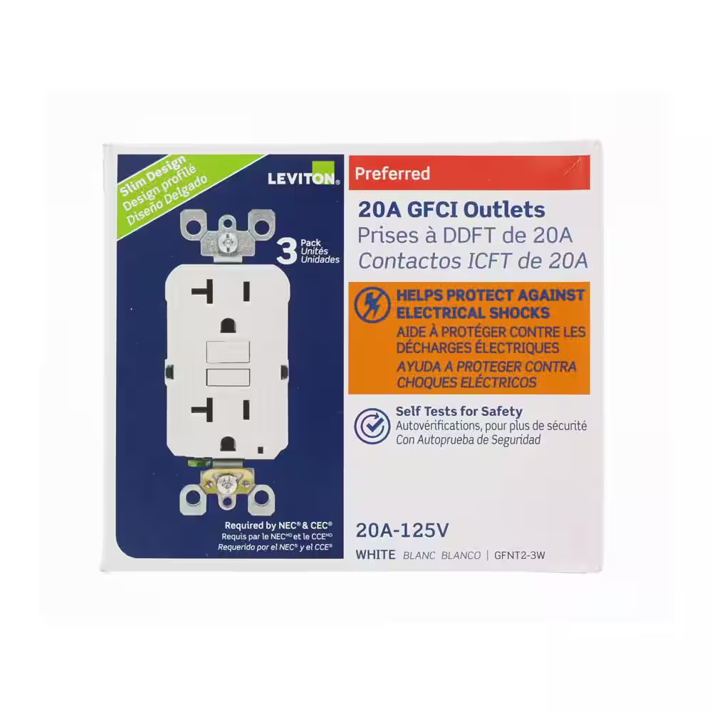 20 Amp Self-Test Smartlockpro Slim GFCI Duplex Outlet, White (3-Pack) GFNT2-3W