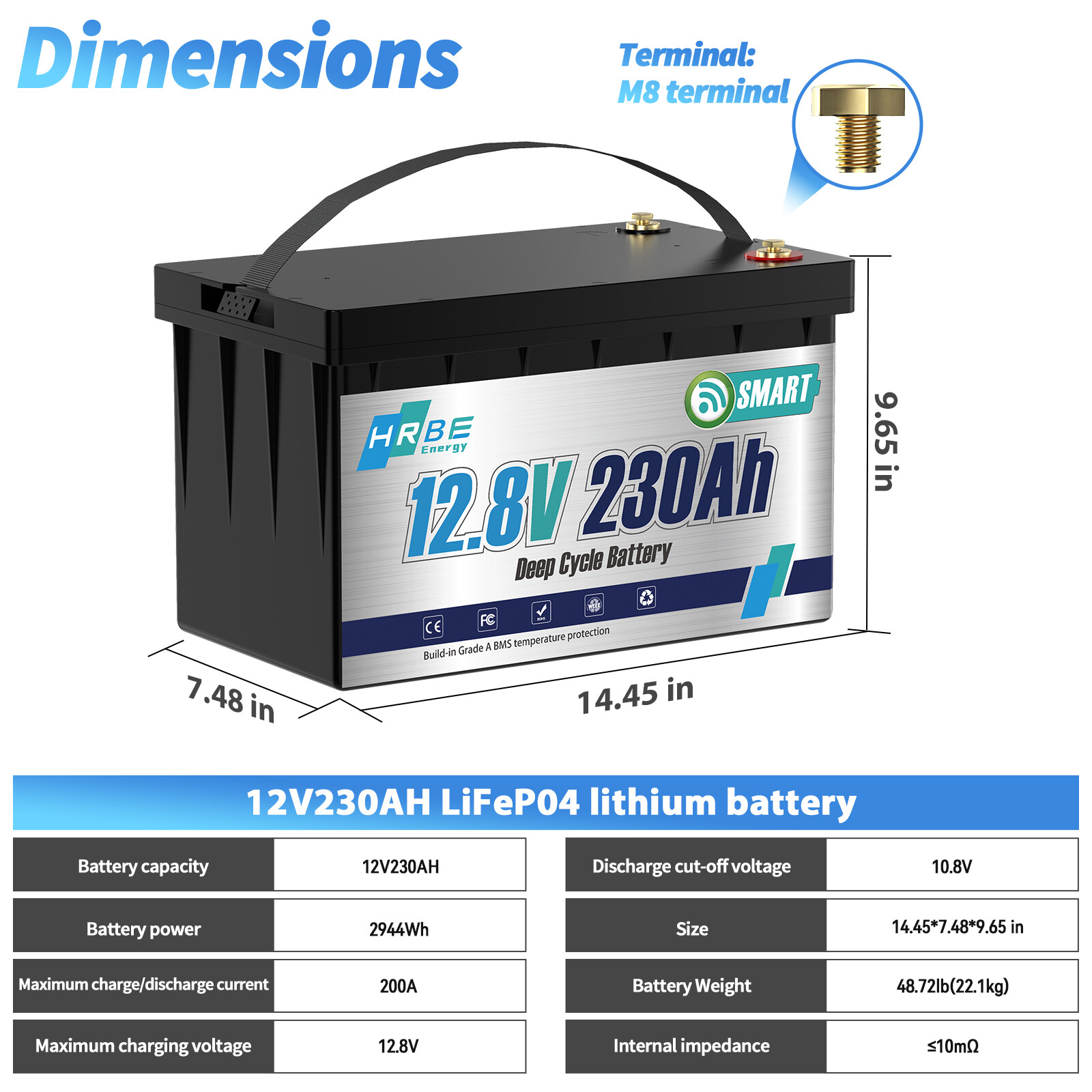 12V 230Ah Bluetooth Low Temp LiFePO4 Lithium Battery 200A BMS F/ RV Marine Solar