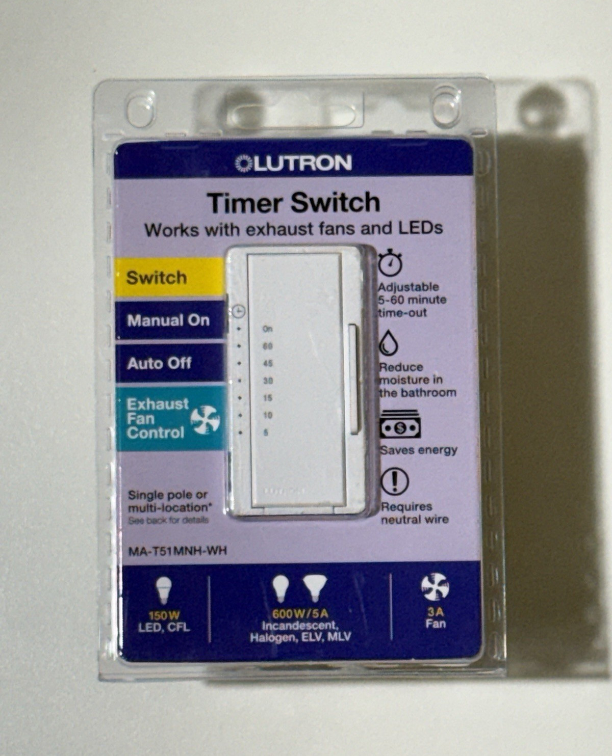 Lutron MA-T51MNH-WH Timer Wall Switch Manual On Auto-Off Adjustable White