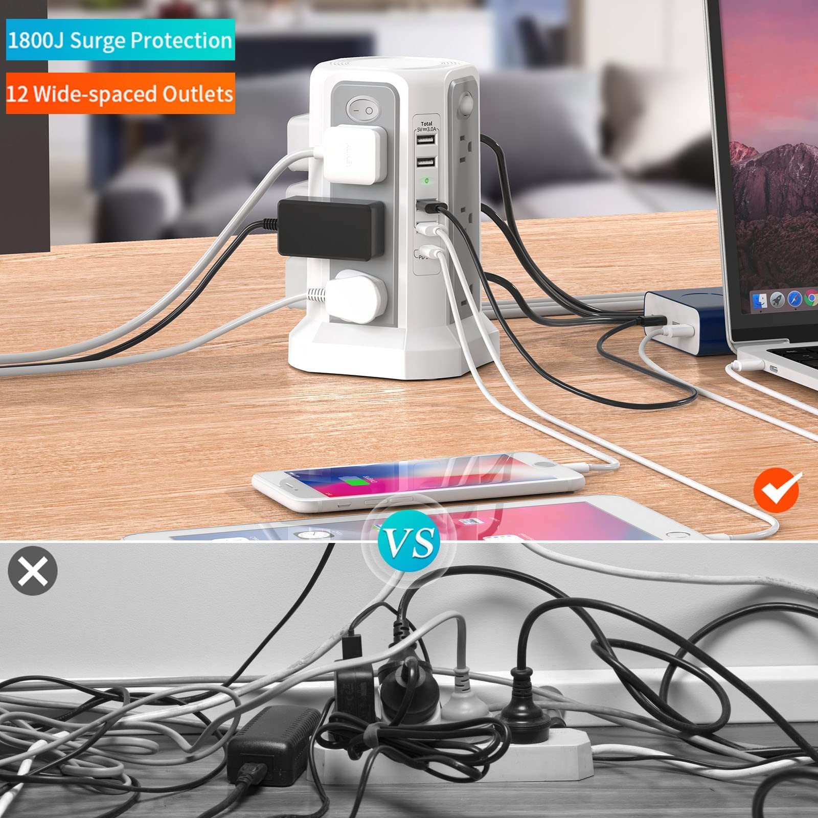 Surge Protector Power Strip Tower with PD18W USB C Port,10FT Gray White