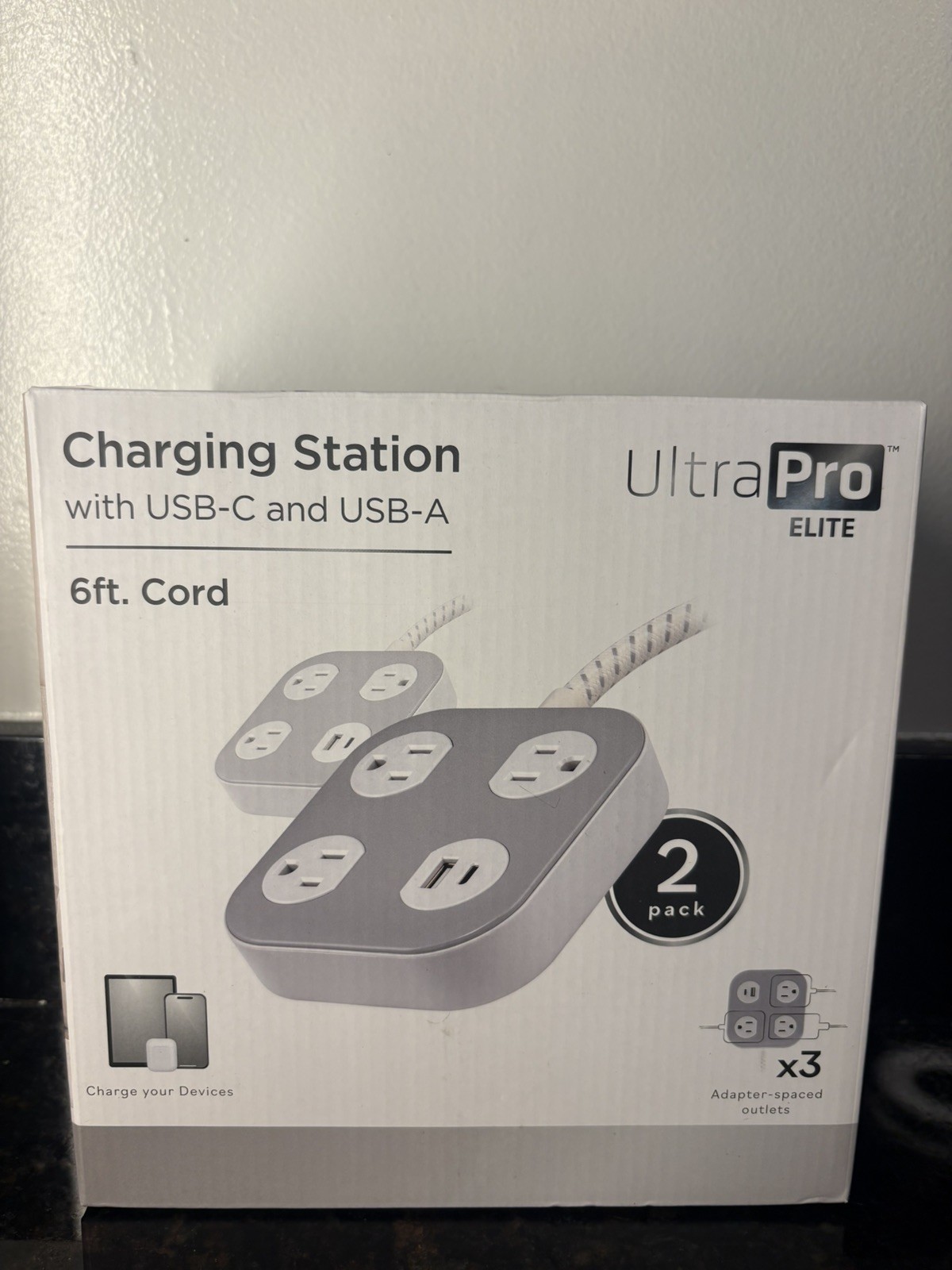 UltraPro Elite Charging Station 3 Outlets USB-C/USB-A 6ft Cord White 2-Pack