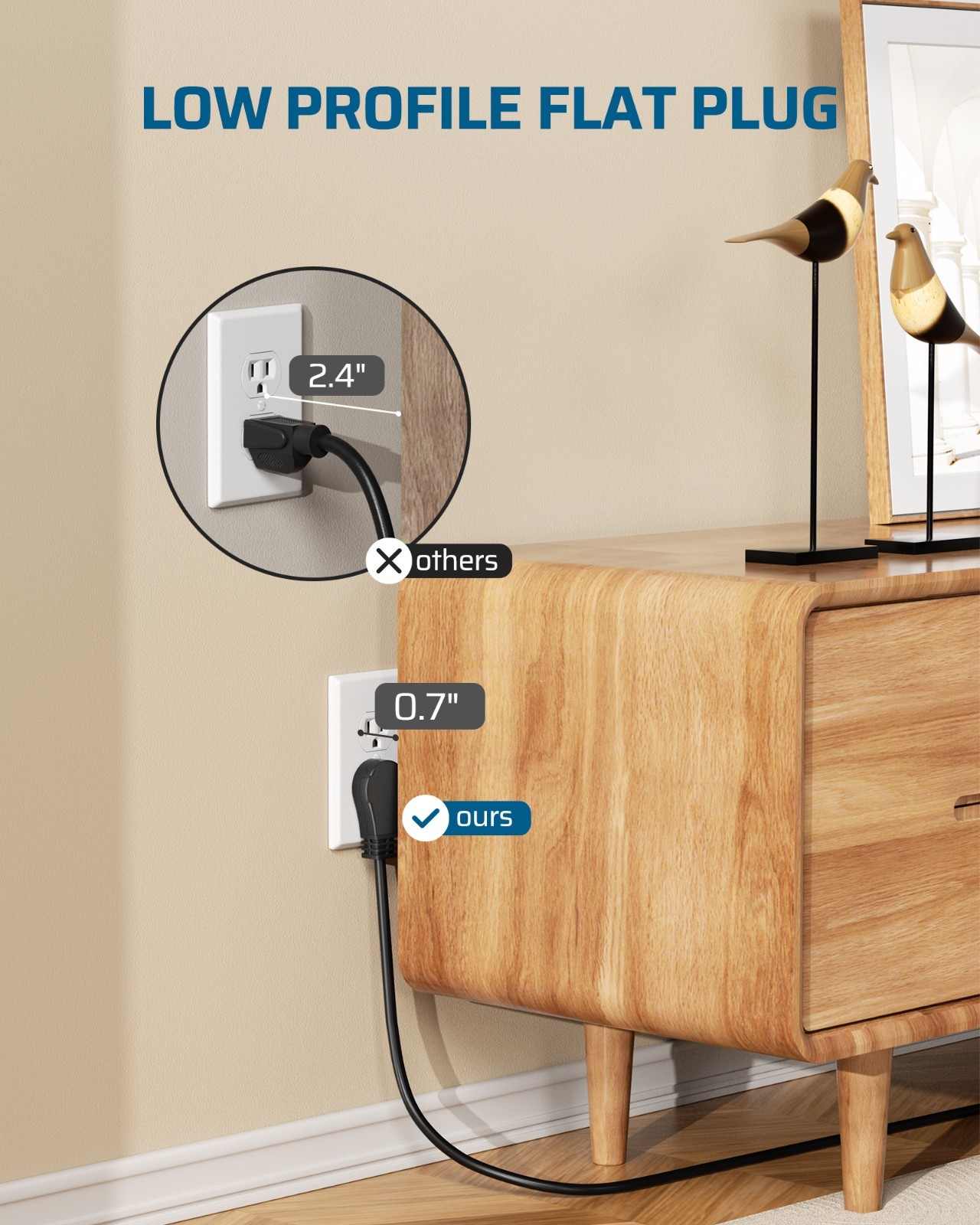 6FT Long Power Strip, 360° Rotating Flat Plug & 6 Outlets, 14/3C Thin Black