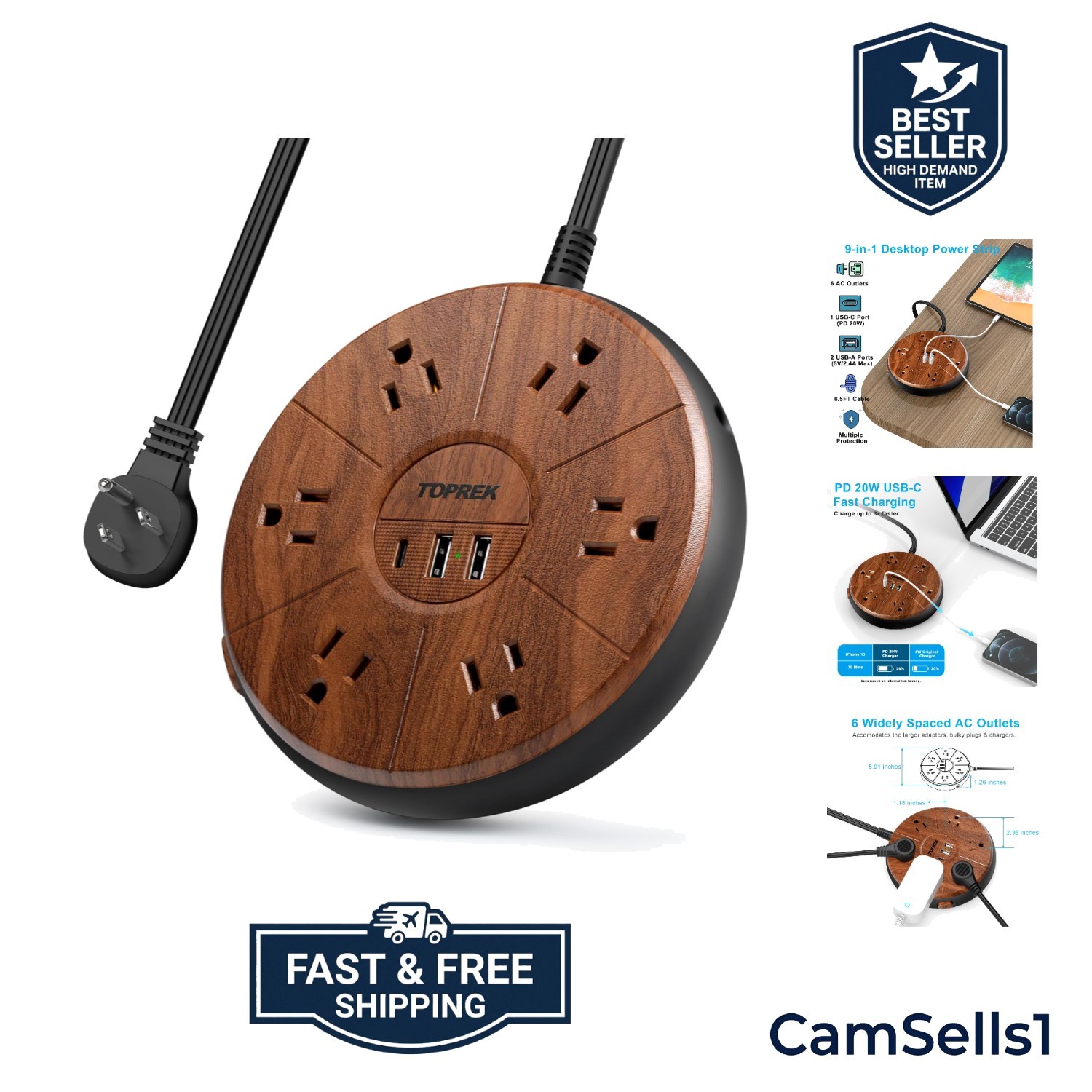Power Strip with USB – 6 Outlets, 1 USB-C 20W PD, 2 USB-A – Wood Finish Power…