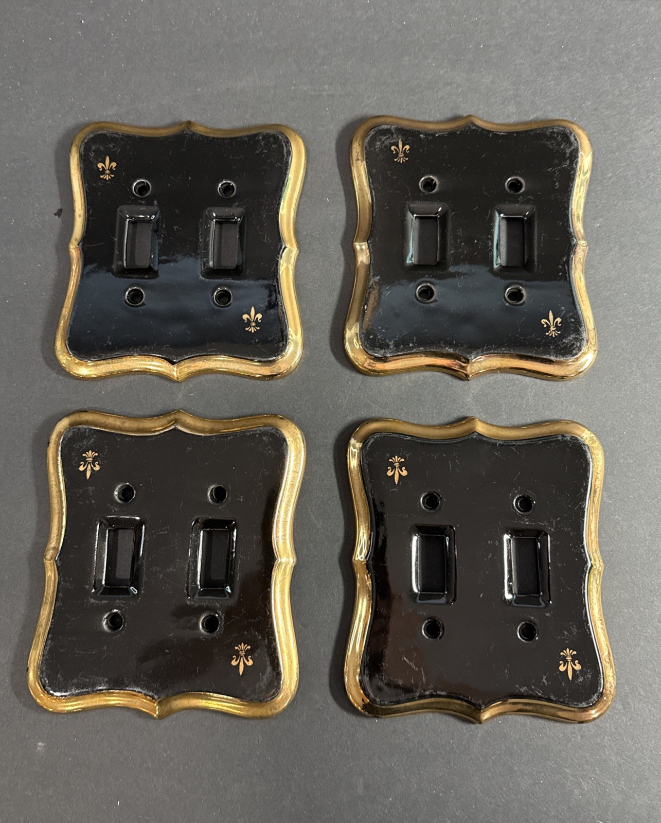 Vintage Reclaimed Porcelain Enamel Double Light Switch Covers Black & Gold X4