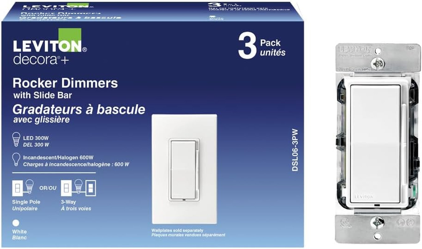 Leviton Decora 600-Watt Single-Pole/3-Way Universal Rocker Slide Dimmer, White (