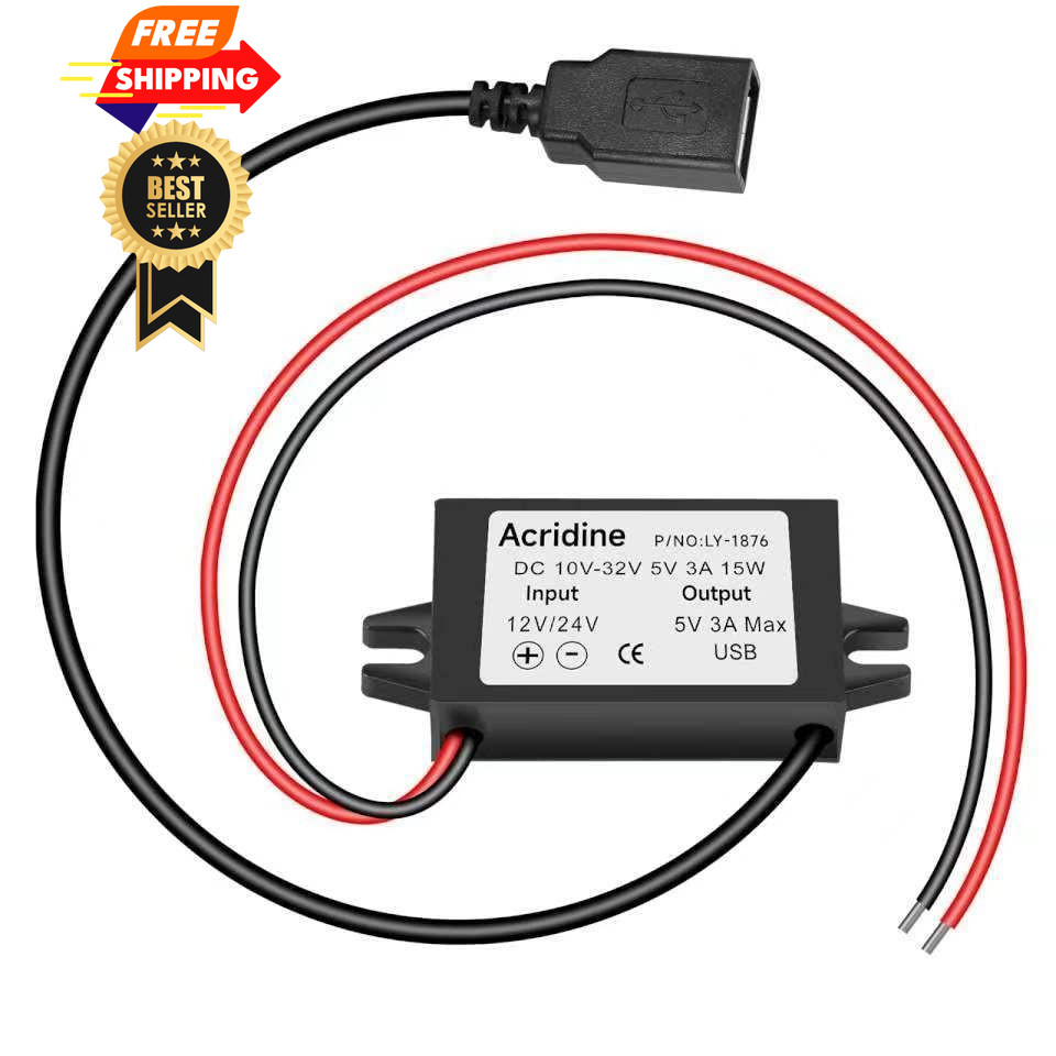 Acridine 12V 24V DC to 5V 3A USB Female Converter Adapter Buck Module Black
