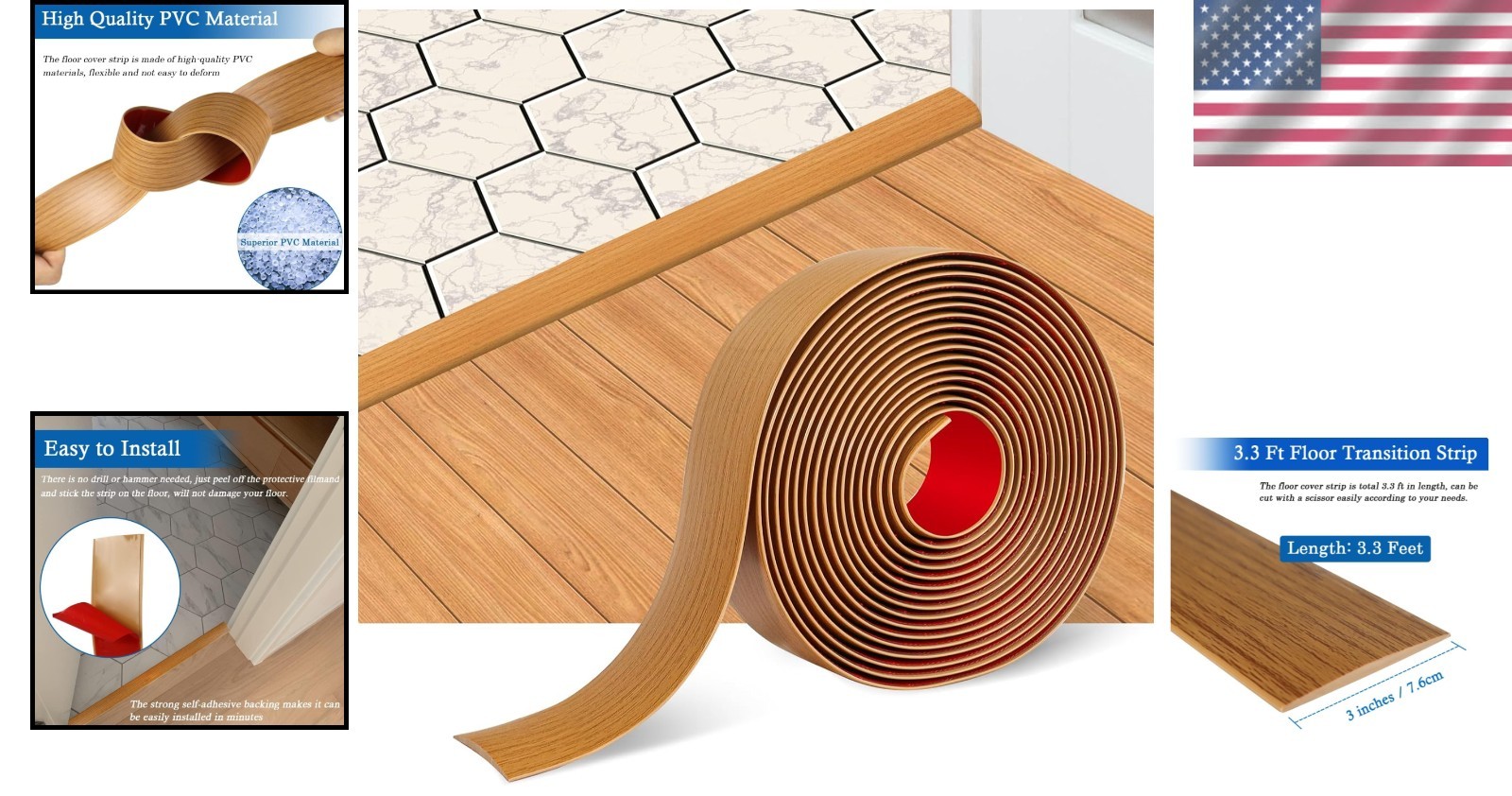 Elegant Self-Adhesive Floor Transition Strip – 3in Wide PVC Cover in Light Brown