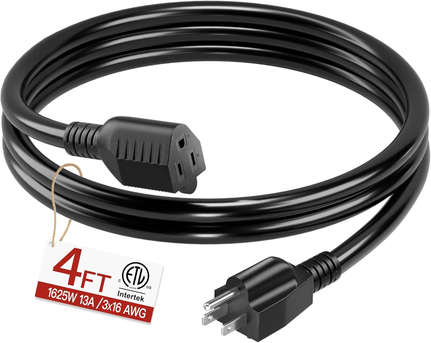 16/3 Short Extension Cord 4 FT, Black Extension Cord Flexible & Durable, Indoor