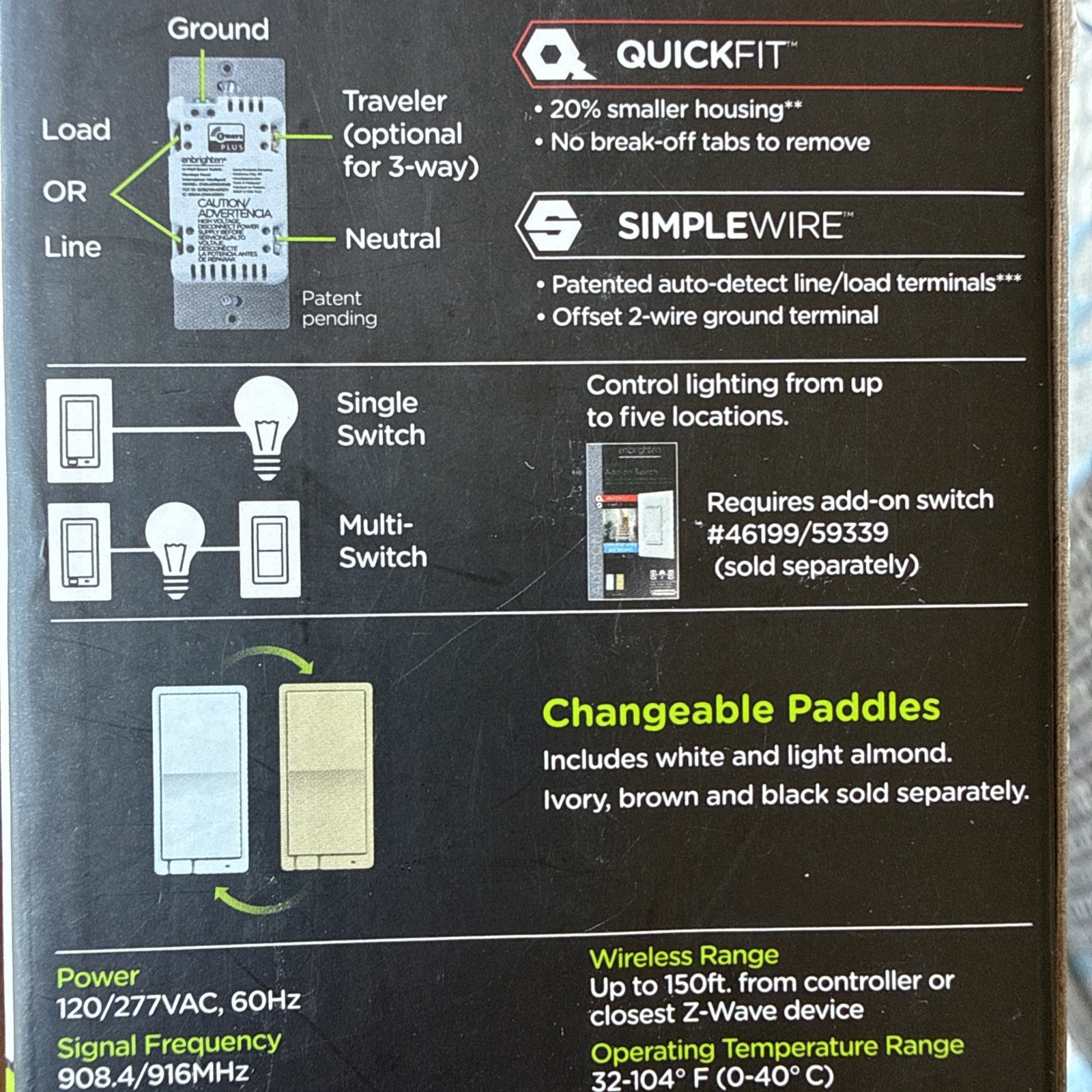 NEW Enbrighten Z-Wave Plus In-Wall Smart Paddle Switch Commercial White/sealed