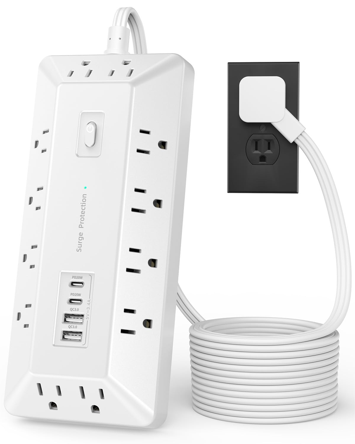 6 Ft Surge Protector Power Strip with 1800J, Extension Cord with Multiple Out…