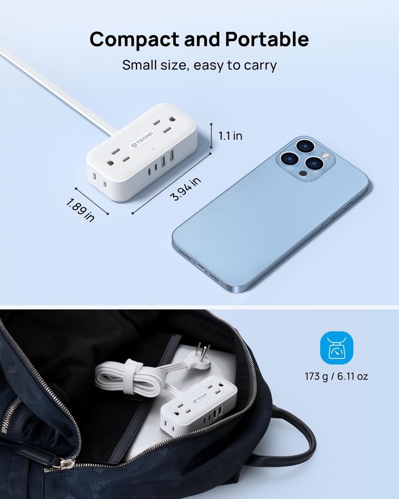 TROND Flat Plug Power Strip 5FT, Small Extension 5FT(No Cover), White