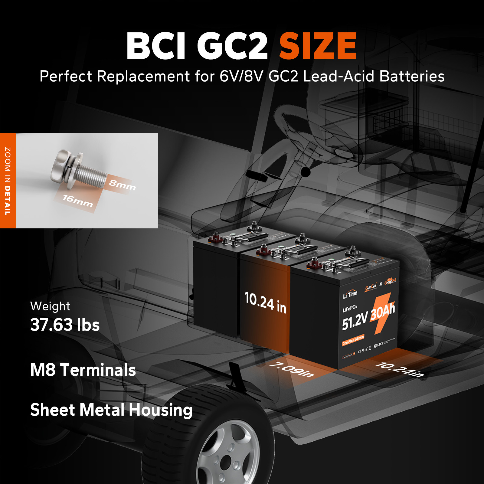 LiTime 48V 51.2V 30Ah GC2 Metal Case Lithium Golf Cart Battery w/ RS485 Port LOT